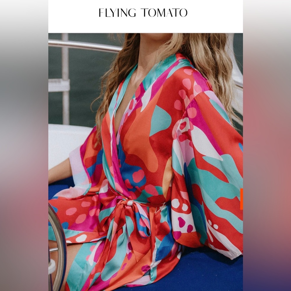 Flying Tomato Multicolor Satin belted Kimono Ensemble set - Picture 6 of 17